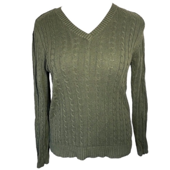 Croft Barrow Cable Sweater Cotton Knit Soft Olive Green V-Neck Long Sleeves L - Picture 1 of 16